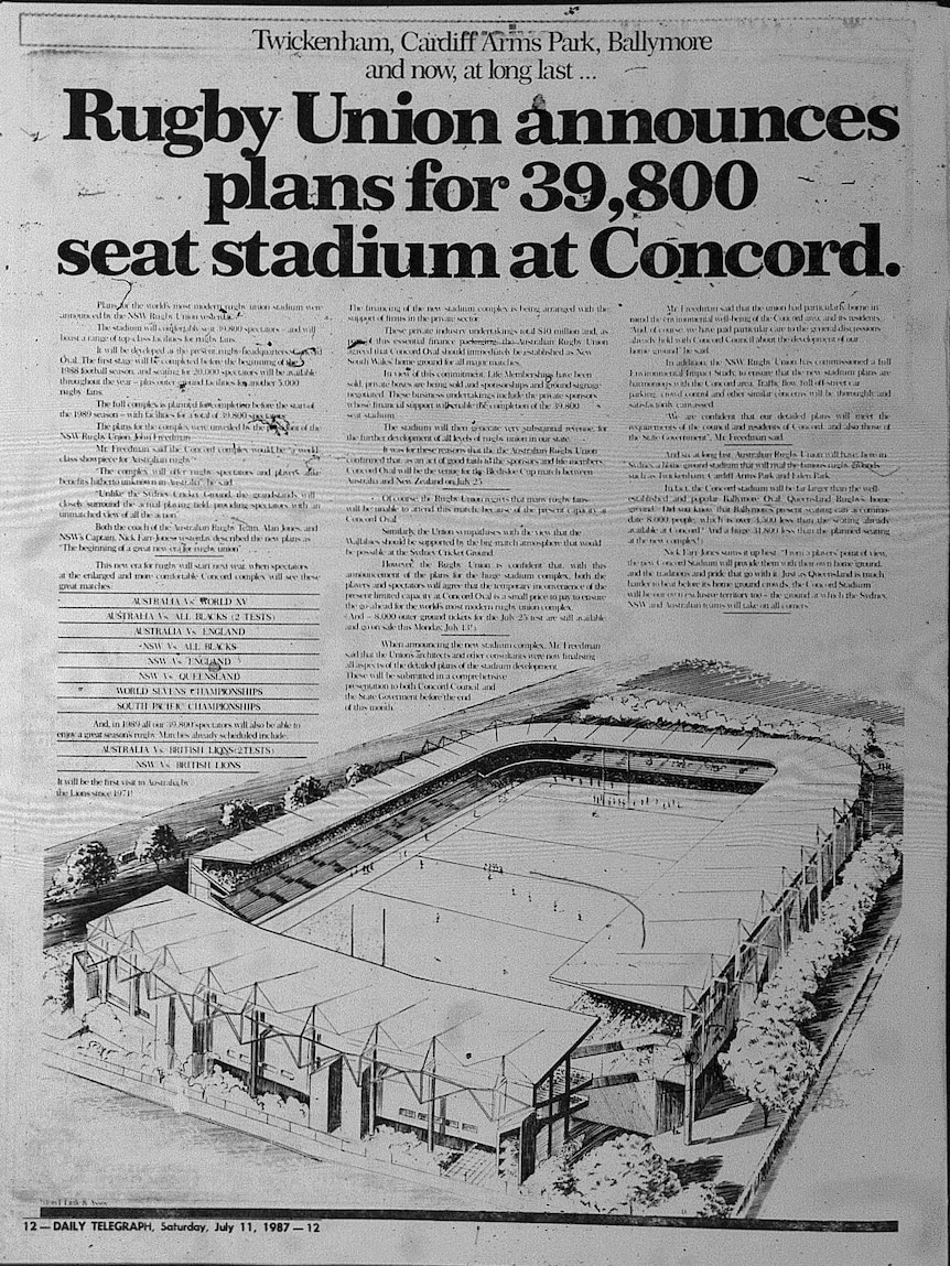 An ambitious stadium proposal for Concord advertised in a 1987 edition of Sydney's Daily telegraph newspaper.