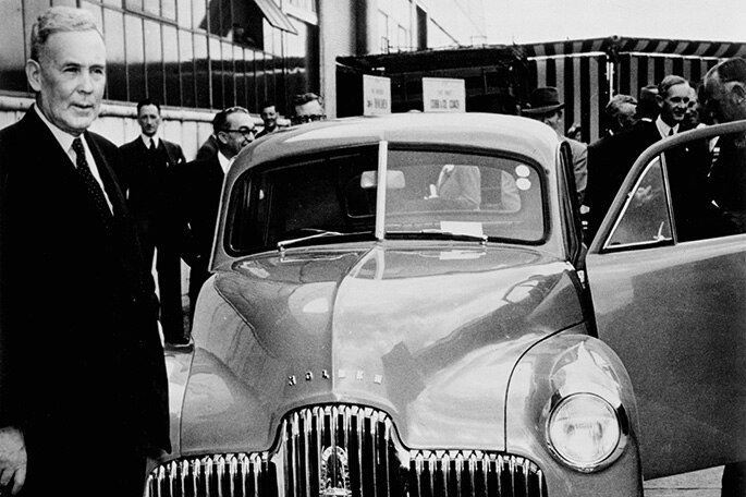 Ben Chifley launches the Holden FX at the General Motors-Holden factory, Melbourne, 1948.