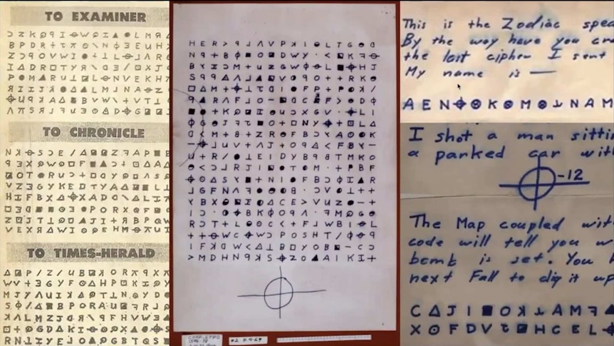 Three pages of handwritten letters, mostly in code, from the Zodiac killer.