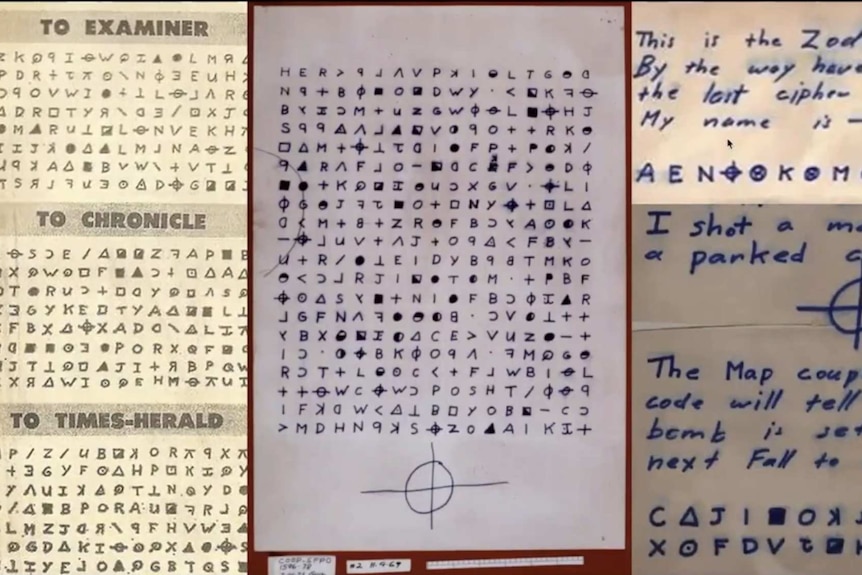 Three pages of handwritten letters, mostly in code, from the Zodiac killer.