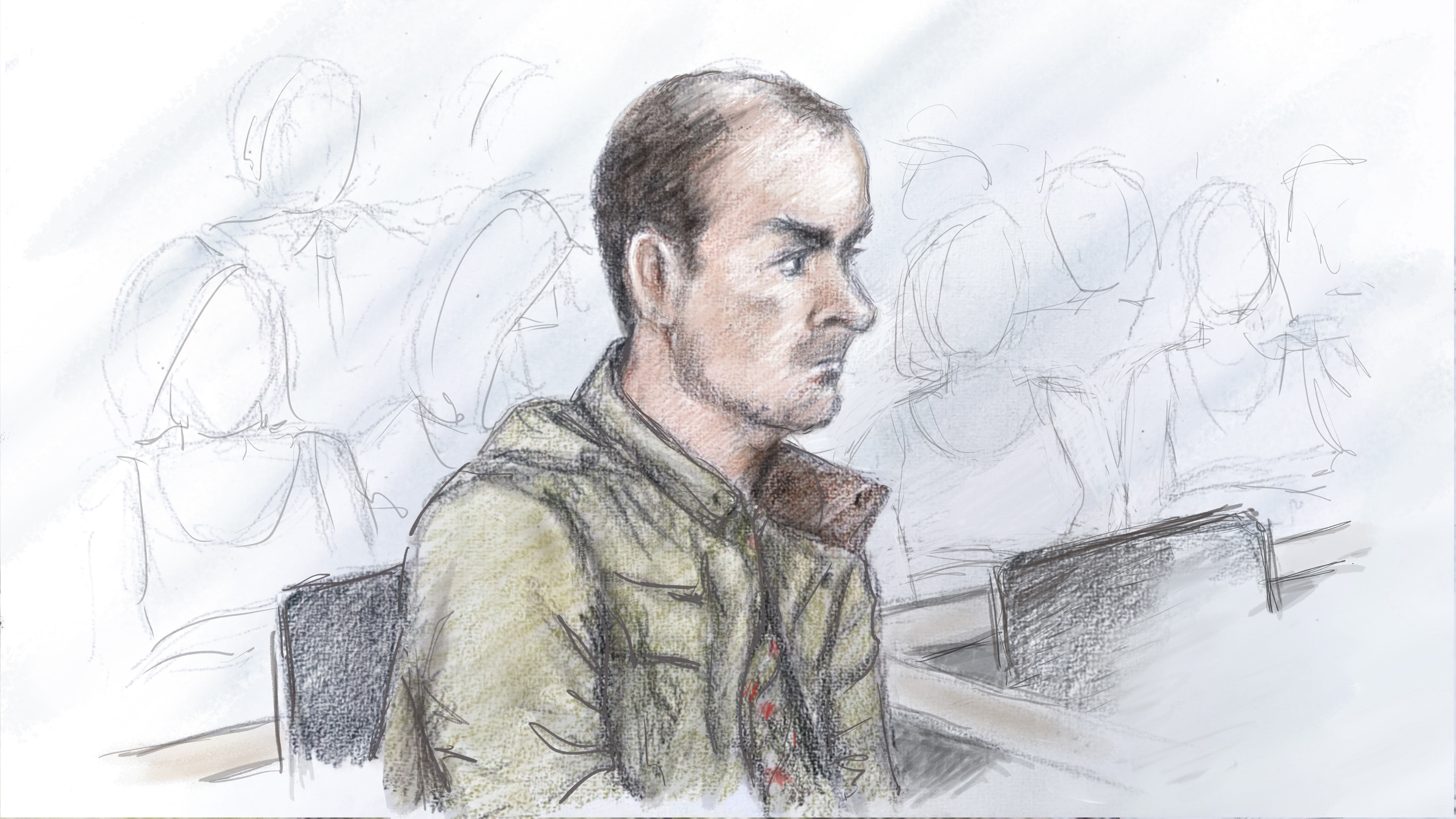 Un boceto de la sala del tribunal de un hombre calvo.