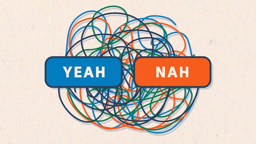 An illustration shows a string in a tangled mess, and buttons labelled 'yeah' and 'nah'.