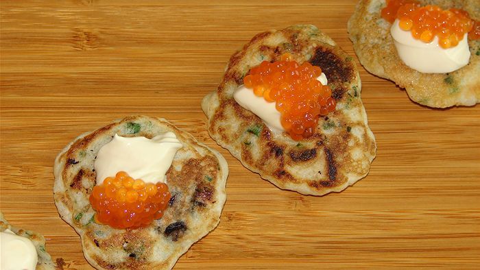 Oyster and Chive Blinis with Sour Cream and Salmon Roe - ABC News