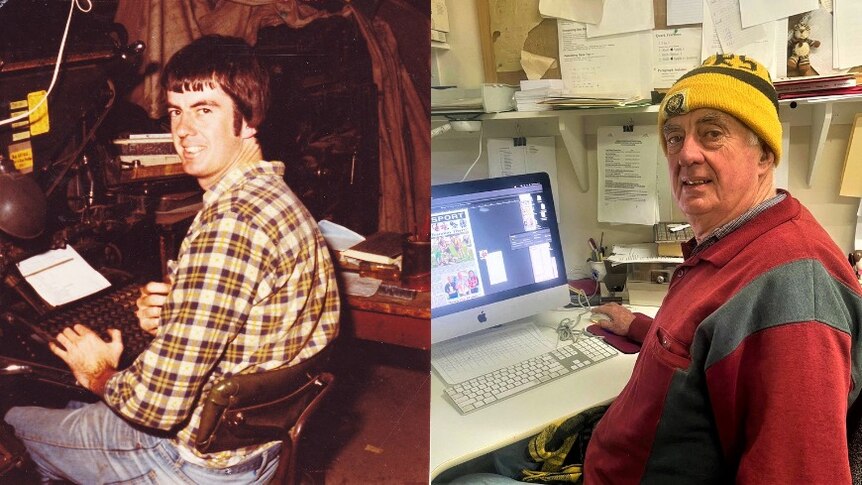 A young man in a photo from the 70s at an old printing press. The same man is on the right at a computer screen