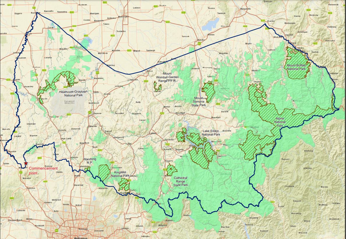 A blue line marks out the area covered by the Taungurung claim on a map of Victoria.