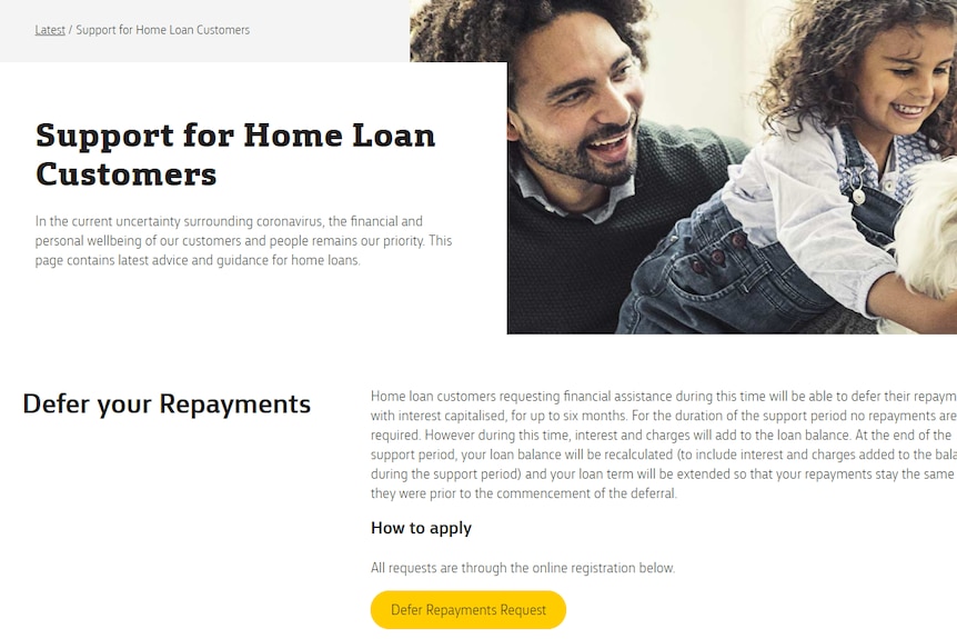 Commonwealth Bank website page with the heading Support for Home Loan Customers and Defer Your Repayments