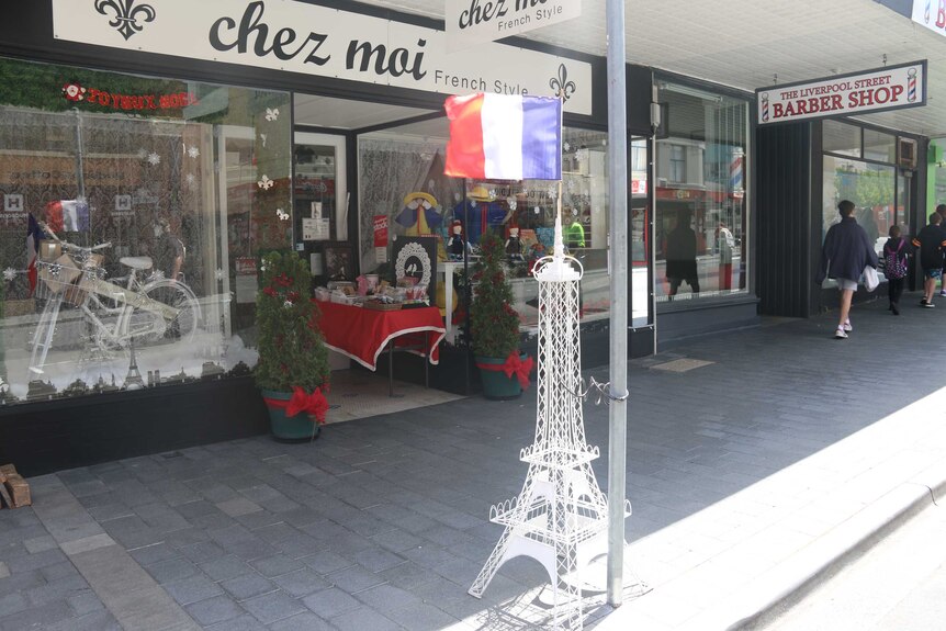 French flag outside shop in Hobart