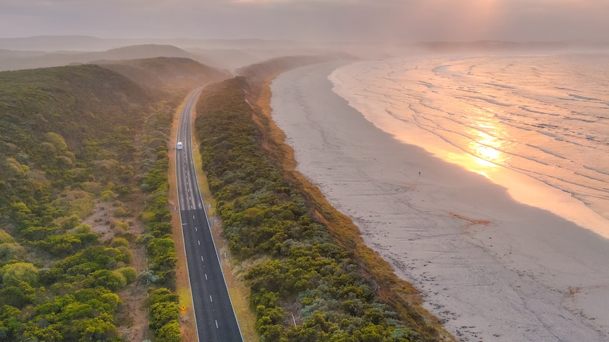 Coastal road, beach at sunset, country road Cape Bridgewater