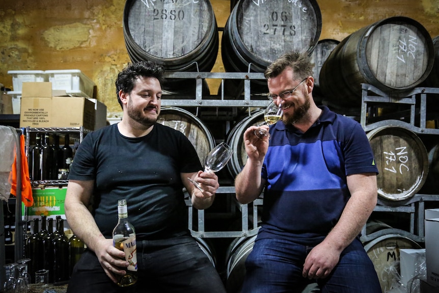 Nick Tesar and Shaun Byrne taste a vermouth.