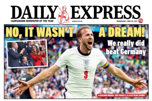 An image of a newspaper front cover with the headline 'No it wasn't a dream, we really did beat Germany'.