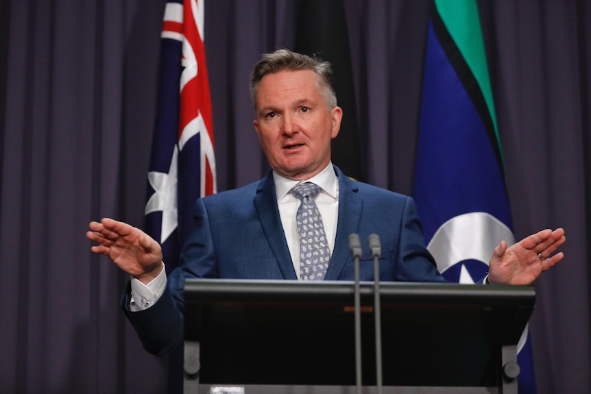 A politician in a suit – Chris Bowen – raises his arms and speaks at a lectern.