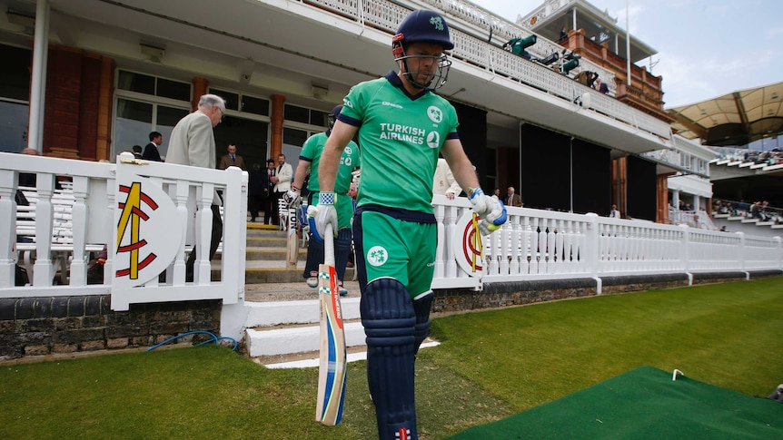 Ireland's Ed Joyce walks out to bat at Lord's in the second ODI against England on May 7, 2017.