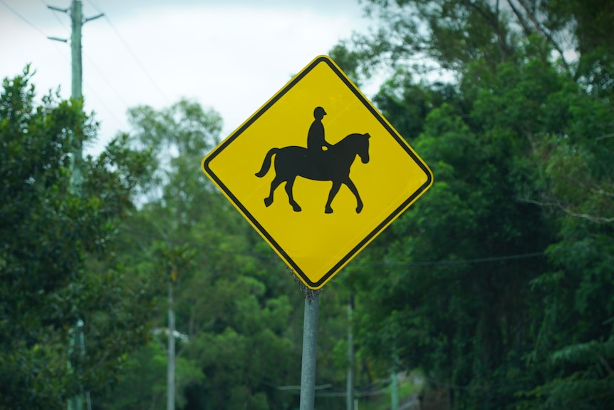A yellow sign with a black silhoette of a person riding a horse.
