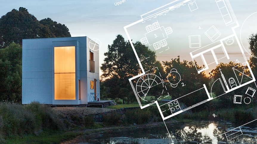 A picture of a small house next to a pond with the graphic of its floorplan over the top of the image.