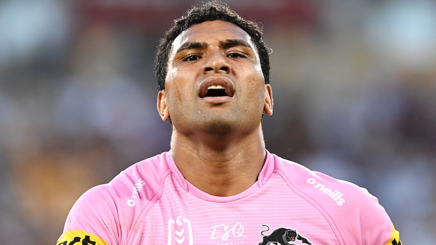 A Penrith Panthers NRL player during the preliminary final against the Melbourne Storm.