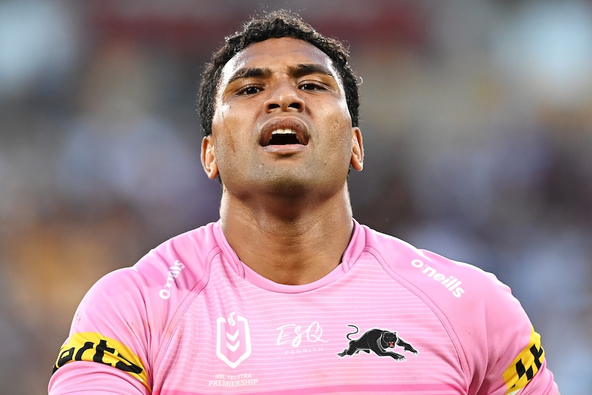 A Penrith Panthers NRL player during the preliminary final against the Melbourne Storm.