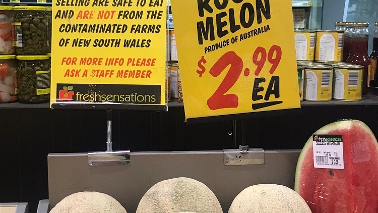 Signs in an independent supermarket saying "these rockmelons are safe, they are not from NSW".