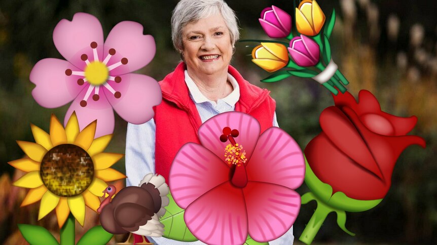 Jane Edmanson surrounded by flower emojis and one turkey one to illustrate our Gardening Australia episode recap.