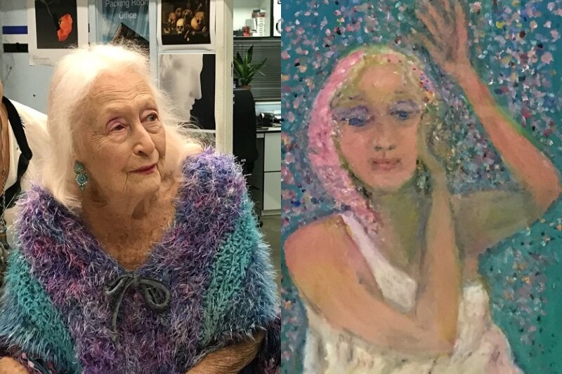 A composite image of a female artist and a painting of a woman.