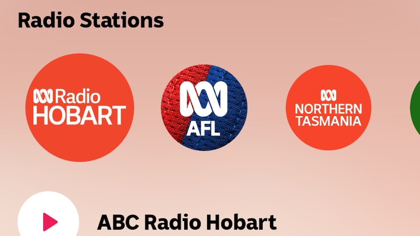 A screen shot of the ABC Listen App showing Radio Hobart, AFL and Radio Northern Tasmania options.
