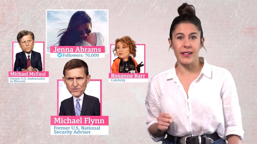Australian journalist and comedian Jan Fran with a graphic of the Jenna Abrams, twitter bot, celebrities and political figures