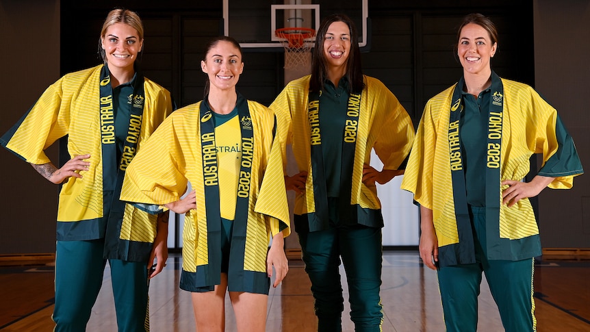 Four Australian Opals players pose for a photo after being named in the Tokyo Olympic squad.