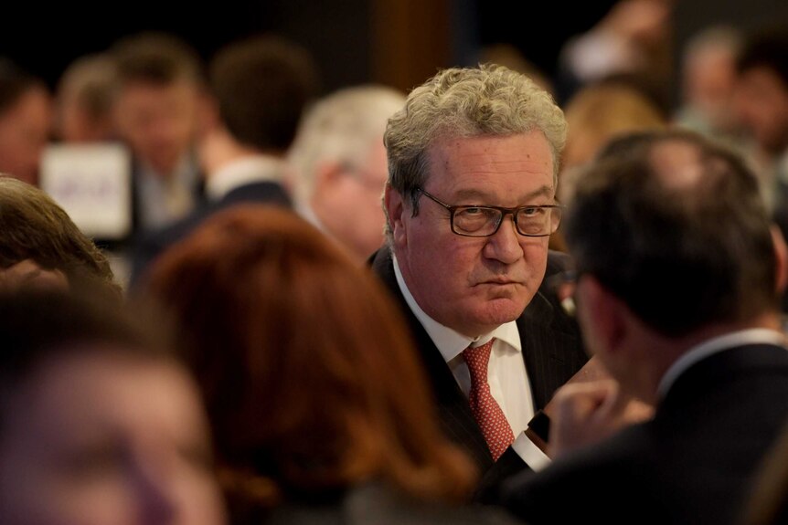 Former foreign minister Alexander Downer with a stern expression on his face, seen through a crowd of people.