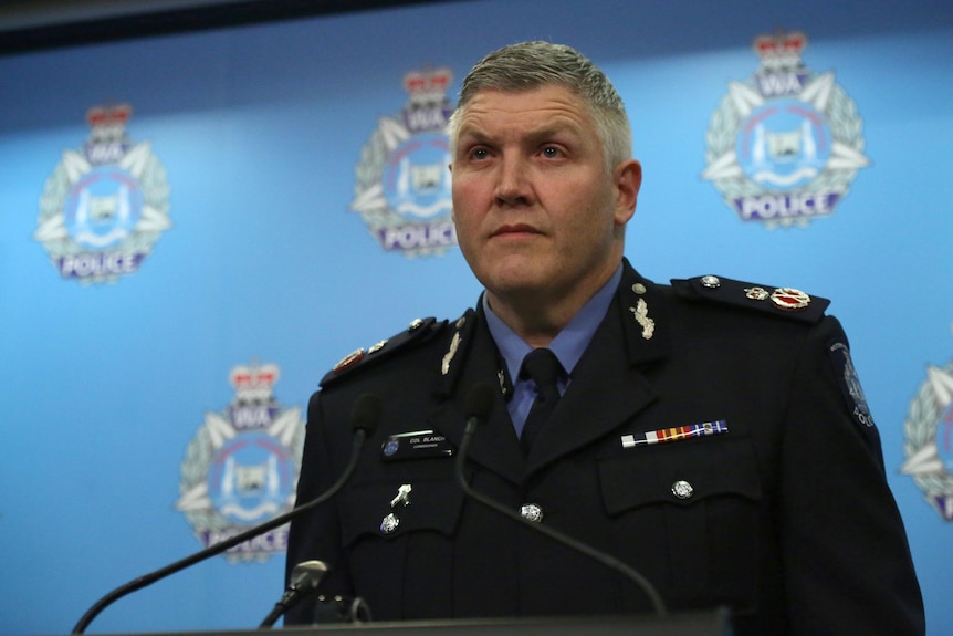 A mid shot of WA Police Commissioner Col Blanch speaking at a media conference.