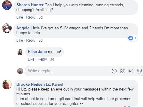 People commented on Elizabeth's post offering moving help, cleaning, errands and much more.