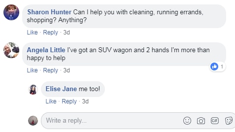 People commented on Elizabeth's post offering moving help, cleaning, errands and much more.