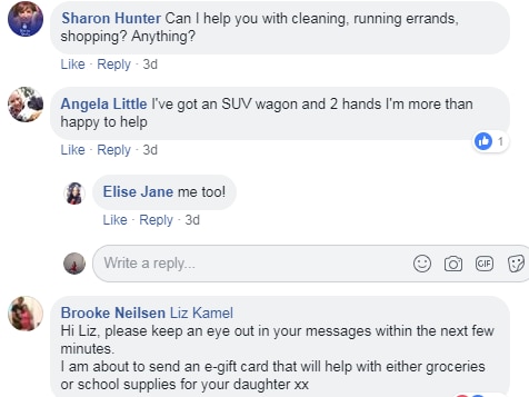 People commented on Elizabeth's post offering moving help, cleaning, errands and much more.