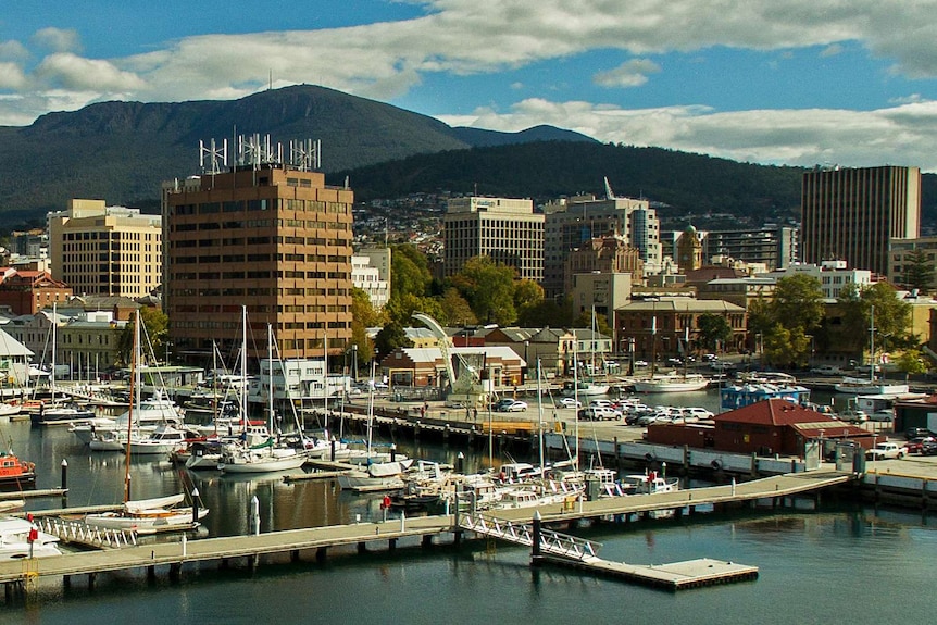 View to kunanyi/Mt Wellington from Hobart's waterfront precinct.