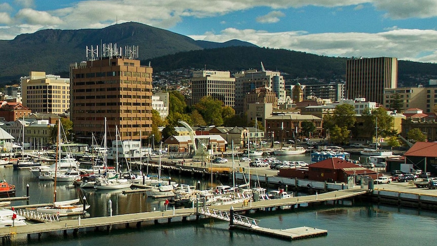 View to kunanyi/Mt Wellington from Hobart's waterfront precinct.