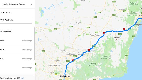 Screenshot of Tesla website showing Tesla chargers on the route from Sydney to Melbourne