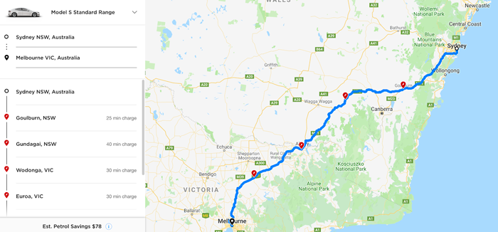 Screenshot of Tesla website showing Tesla chargers on the route from Sydney to Melbourne