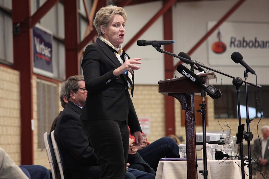 Alannah MacTiernan stands at the podium addressing farmers and others at the meeting.