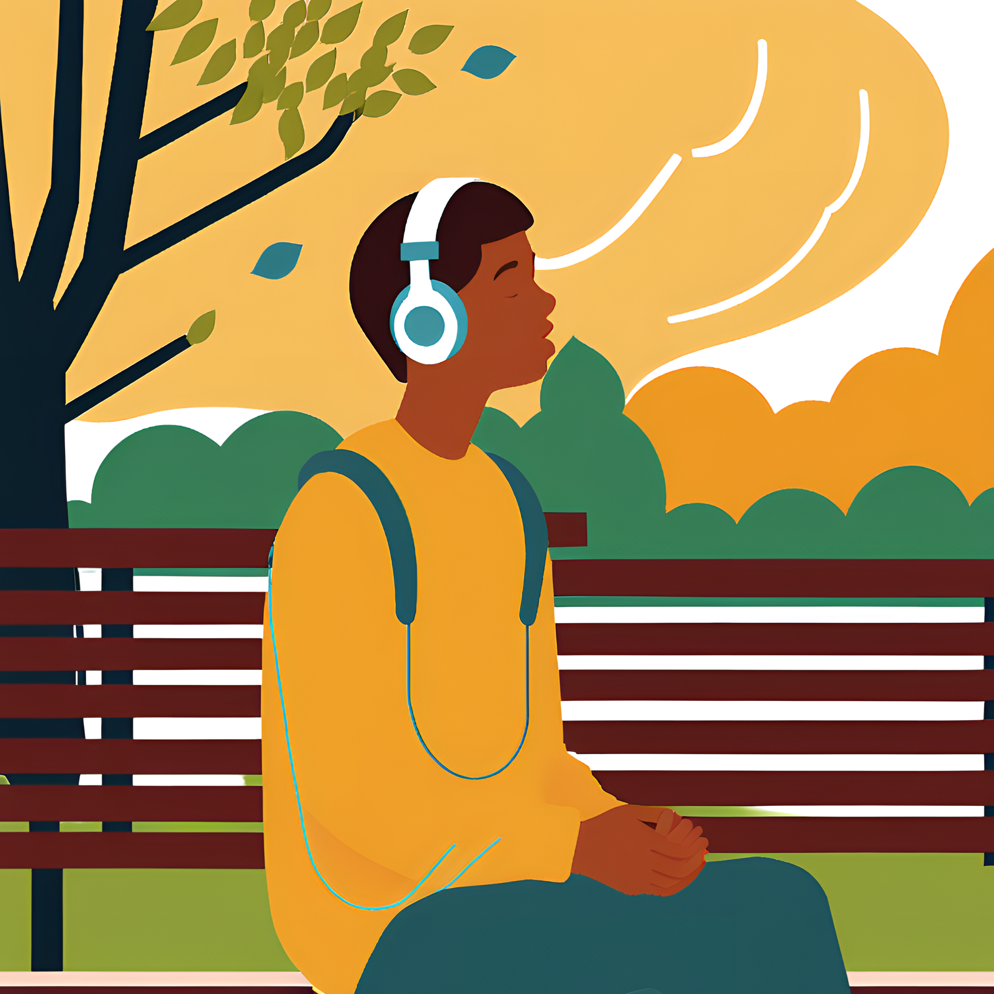 Illustrated person wearing headphones sitting on a bench. 