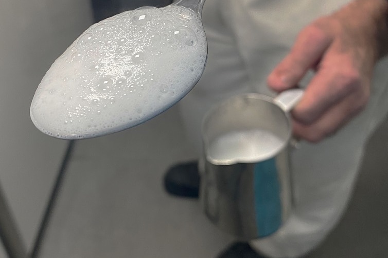 A sample of the lab made milk frothed up and held in a spoon.