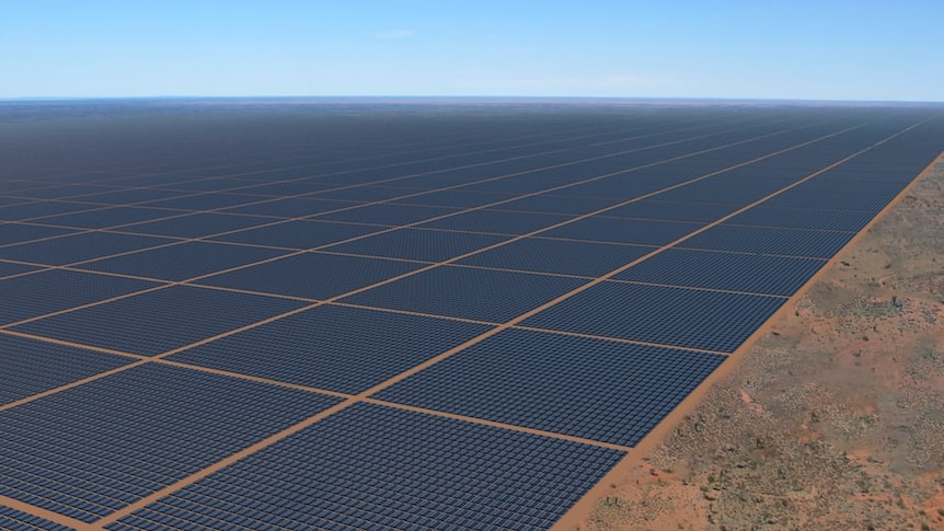 A computer-generated rendering of thousands of solar panels on red dirt.