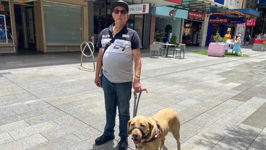 A man with a guide dog.