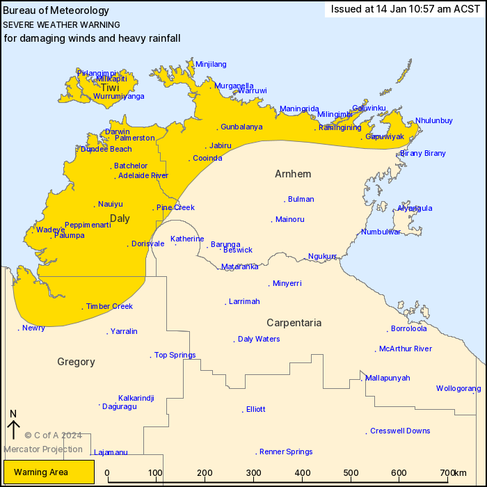 A map of the northern portion of the NT, warning covering western coastal areas including Darwin and Tiwi Islands in yellow