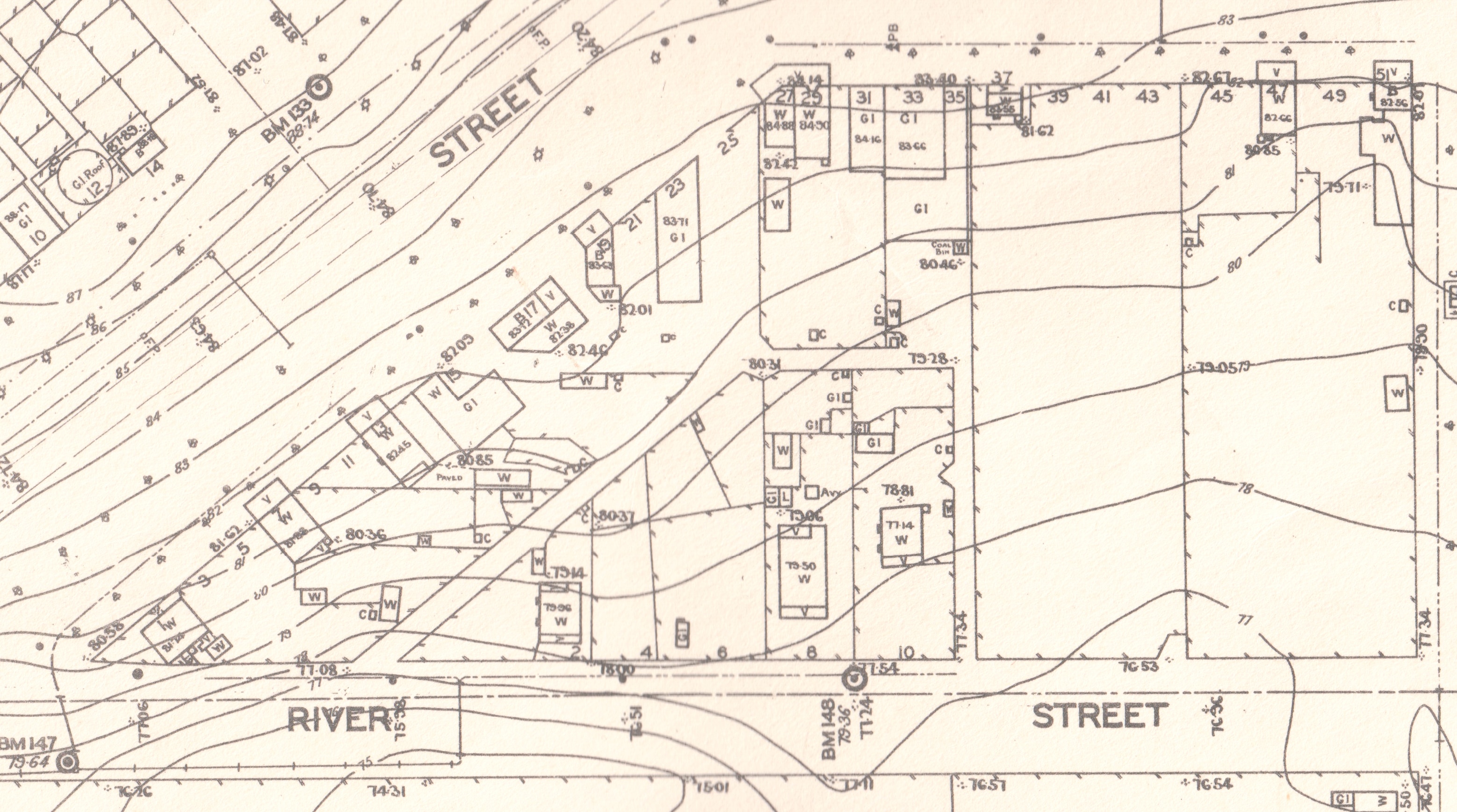 Um mapa de esgoto em preto e branco de 1939.