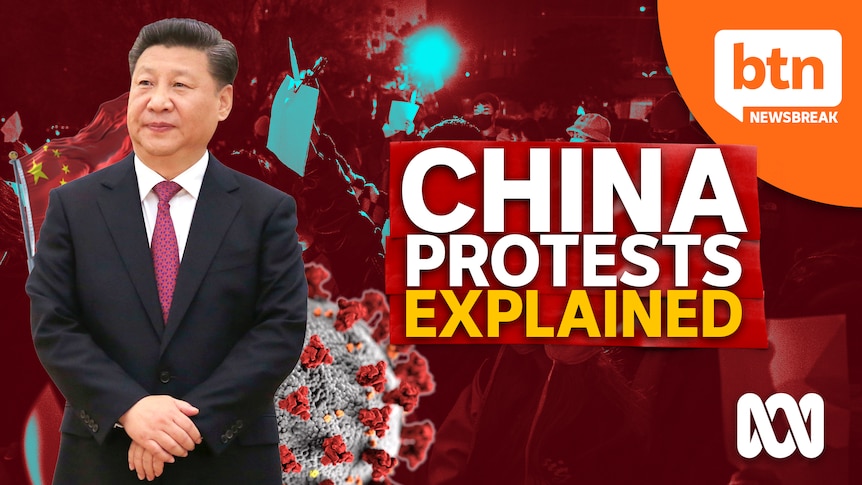 Collage of China's president standing in a suit, a 3D model of the covid virus. People protesting in the background.