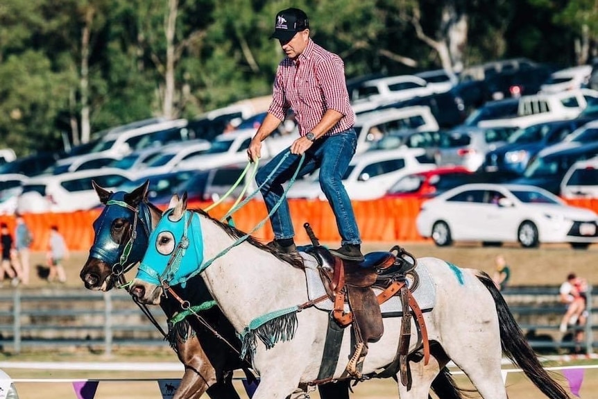 Man standing on two horses' backs.  