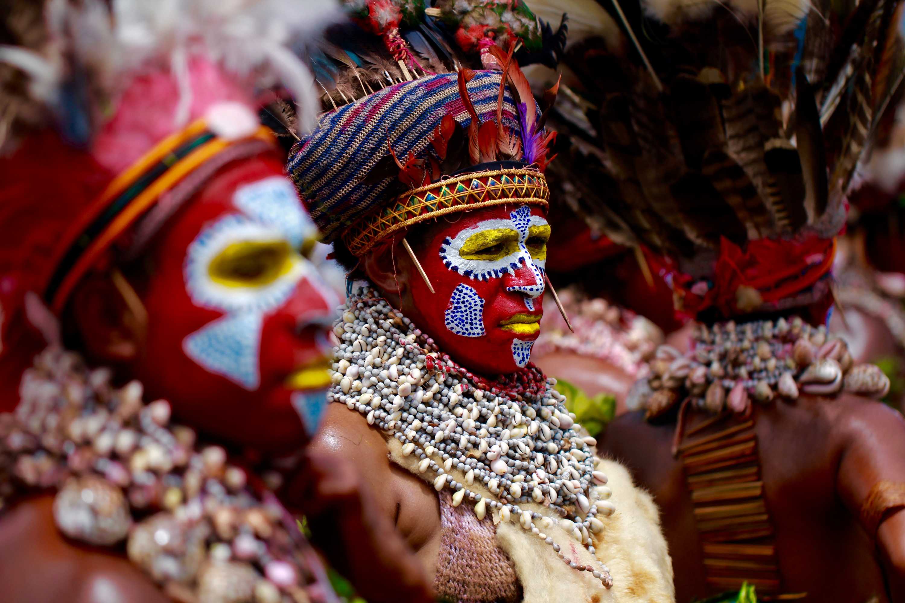 Women from the Eastern Highlands in traditional dress at the 2016 Goroka Show, in Papua New Guinea.