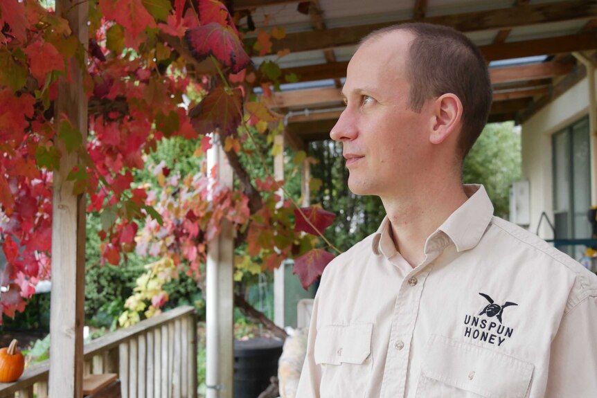 Beekeeper Matthew Waltner-Toews looks into the distance with a vine with red autumn leaves in the background.