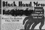 An old black and white newspaper with 'black hand menace' as the headline with a black hand on the page