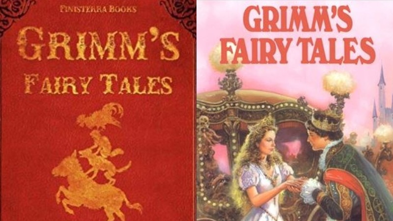 Two Grimm's Fairy Tales book covers: one red with yellow images; one newer looking, with drawing of woman, man and carriage.