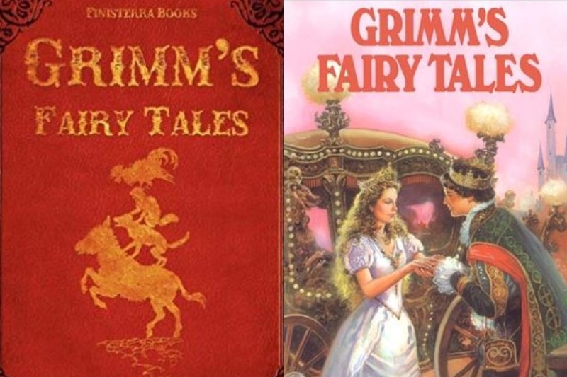 Two Grimm's Fairy Tales book covers: one red with yellow images; one newer looking, with drawing of woman, man and carriage.