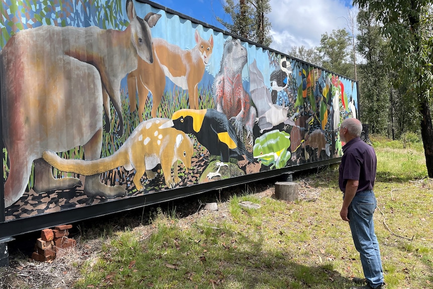 An older man stands looking at a mural  depicting native animals.